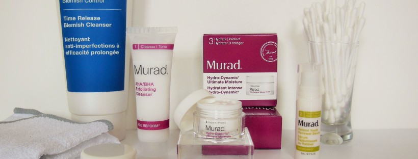 Murad skincare line up including cleanser, exfoliator, serum and moisturiser