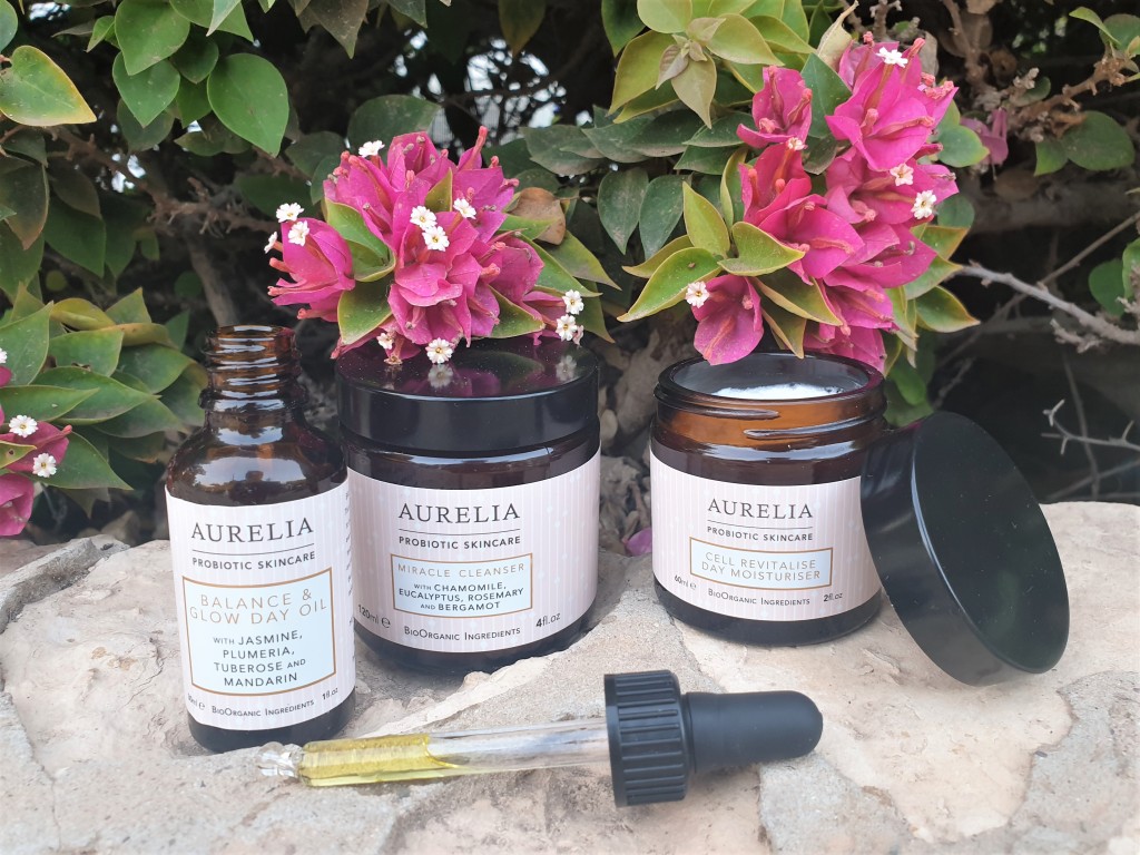 Aurelia Probiotic Skincare products on stone wall
